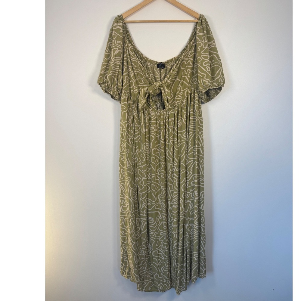 Earthy‎ Boho Eloquii Abstract Print Tie Front Puff Sleeve Maxi Dress Womens 20